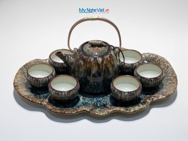 Bộ bình trà dáng siêu nham thạch men hỏa biến nâu lòng trắng khay xếp