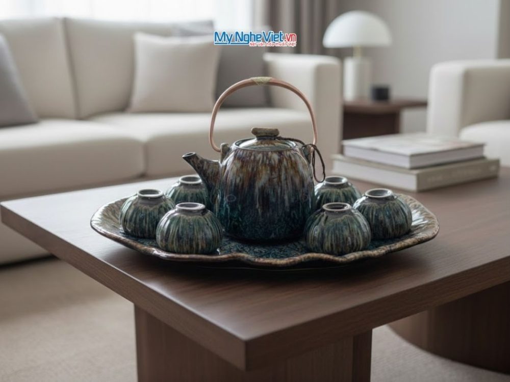 Bộ bình trà dáng siêu nham thạch men hỏa biến nâu lòng trắng khay xếp