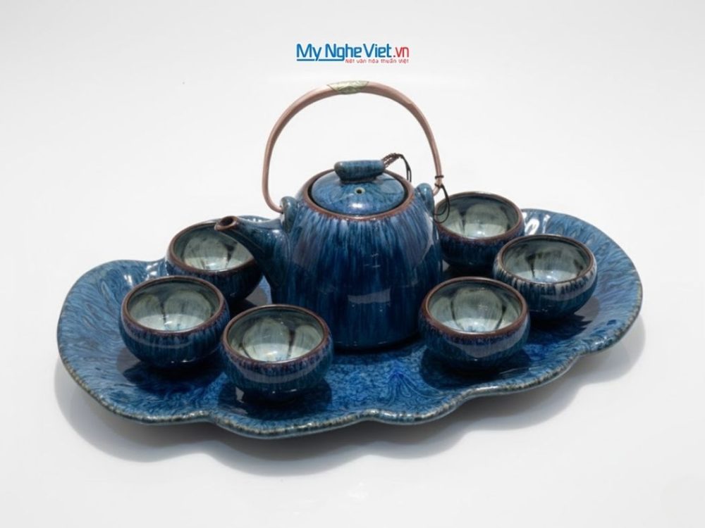 Bộ bình trà dáng siêu nham thạch men hỏa biến xanh lòng hoa khay xếp