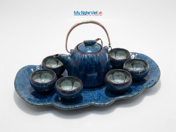 Bộ bình trà dáng siêu nham thạch men hỏa biến xanh lòng hoa khay xếp
