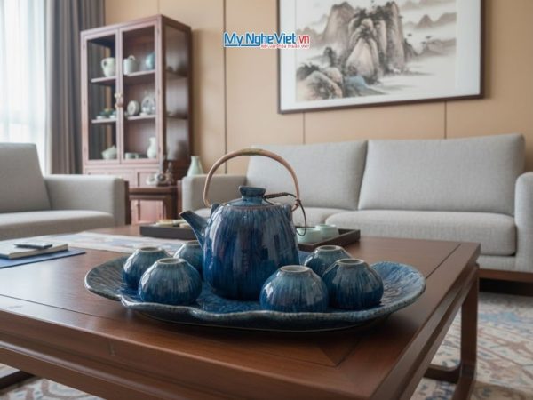 Bộ bình trà dáng siêu nham thạch men hỏa biến xanh lòng hoa khay xếp