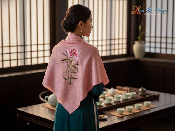 Khăn Lụa Vuông Tơ Tằm Thêu Hoa Sen Họa Tiết Hoa Cúc Hồng Phấn