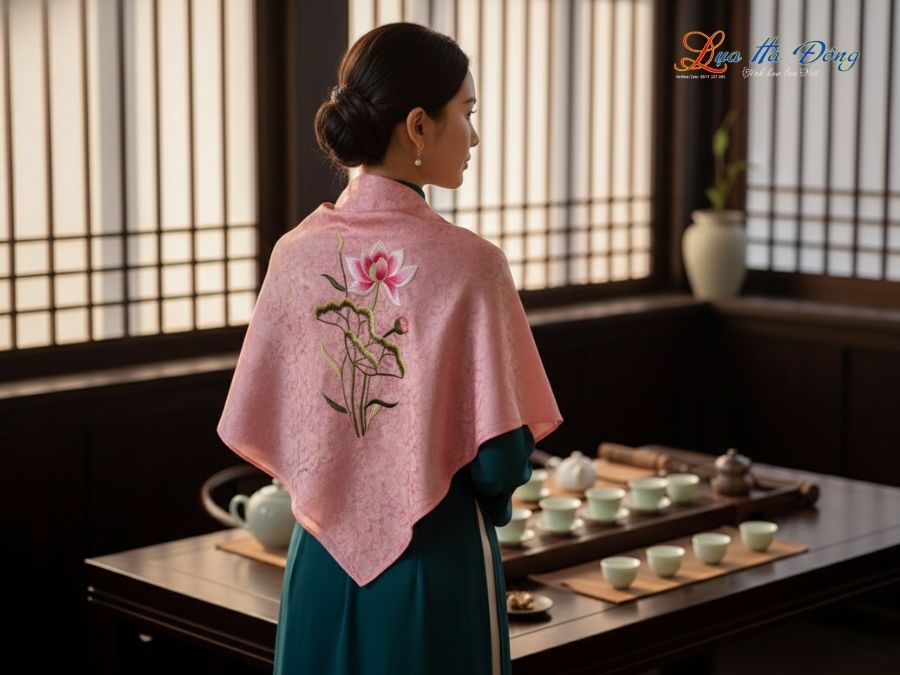 Khăn Lụa Vuông Tơ Tằm Thêu Hoa Sen Họa Tiết Hoa Cúc Hồng Phấn