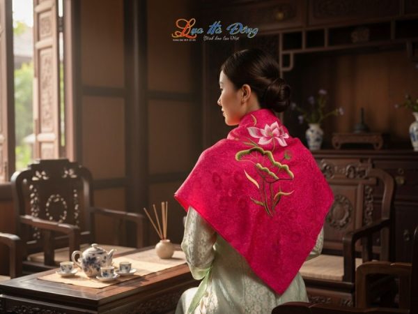 Khăn Lụa Vuông Tơ Tằm Thêu Hoa Sen Họa Tiết Hoa Cúc Màu Hồng Sen