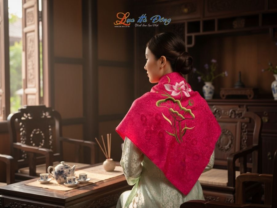 Khăn Lụa Vuông Tơ Tằm Thêu Hoa Sen Họa Tiết Hoa Cúc Màu Hồng Sen