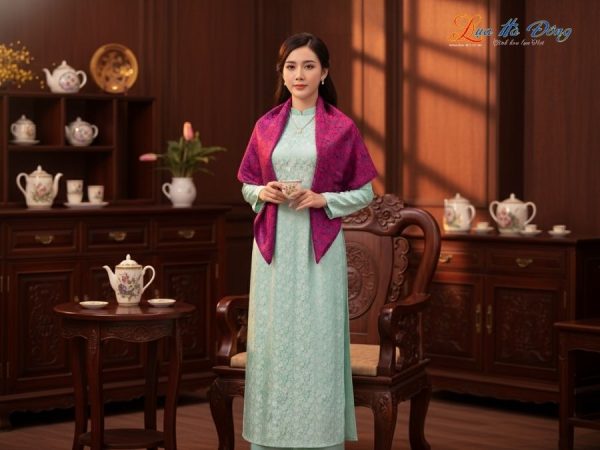 Khăn Lụa Vuông Tơ Tằm Thêu Hoa Sen Họa Tiết Hồng Thọ Màu Tím