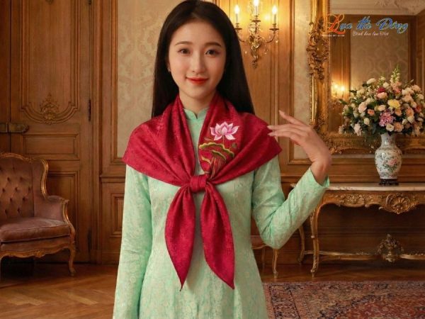 Khăn Lụa Vuông Tơ Tằm Thêu Hoa Sen Họa Tiết Sen Dây Màu Tím Hồng