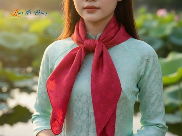 Khăn Lụa Vuông Tơ Tằm Thêu Hoa Sen Họa Tiết Sen Dây Màu Tím Hồng