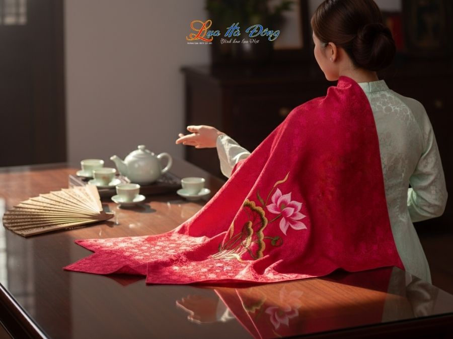 Khăn Lụa Vuông Tơ Tằm Thêu Hoa Sen Họa Tiết Sen Dây Màu Tím Hồng