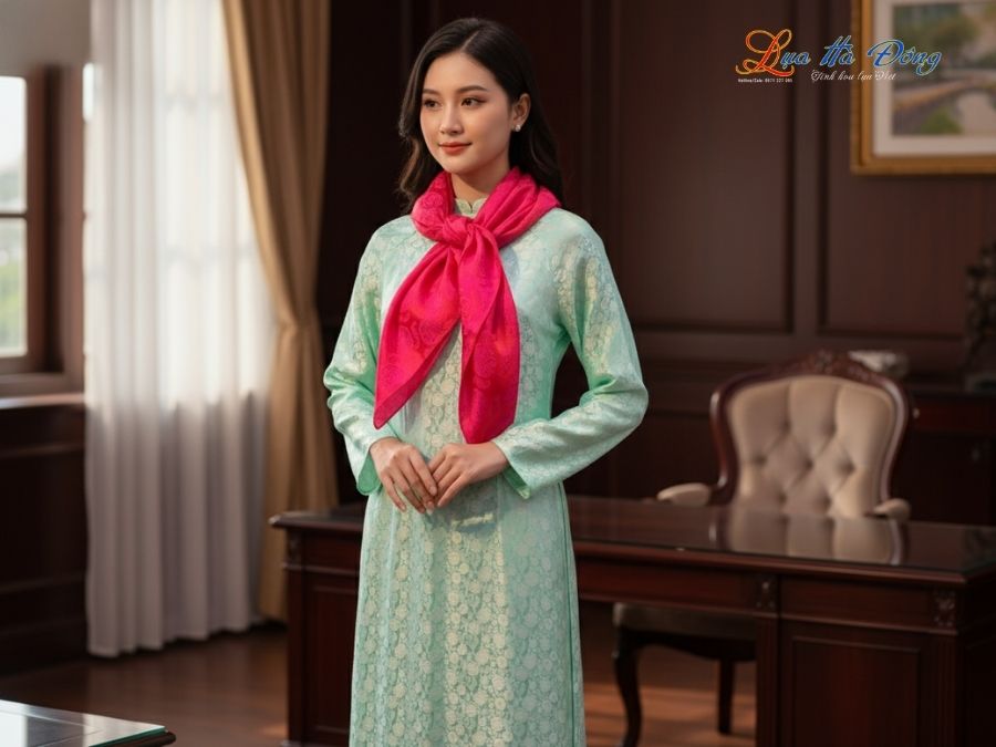 Khăn Lụa Vuông Tơ Tằm Thêu Hoa Sen Họa Tiết Thọ Dơi Màu Hồng