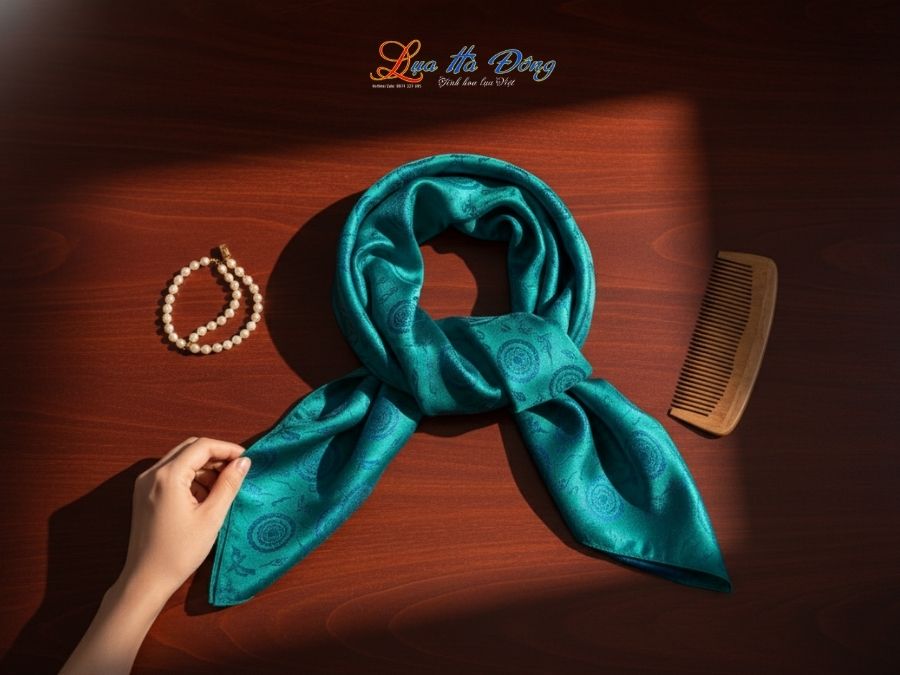 Khăn Lụa Vuông Tơ Tằm Thêu Hoa Sen Họa Tiết Trống Đồng Xanh Dương