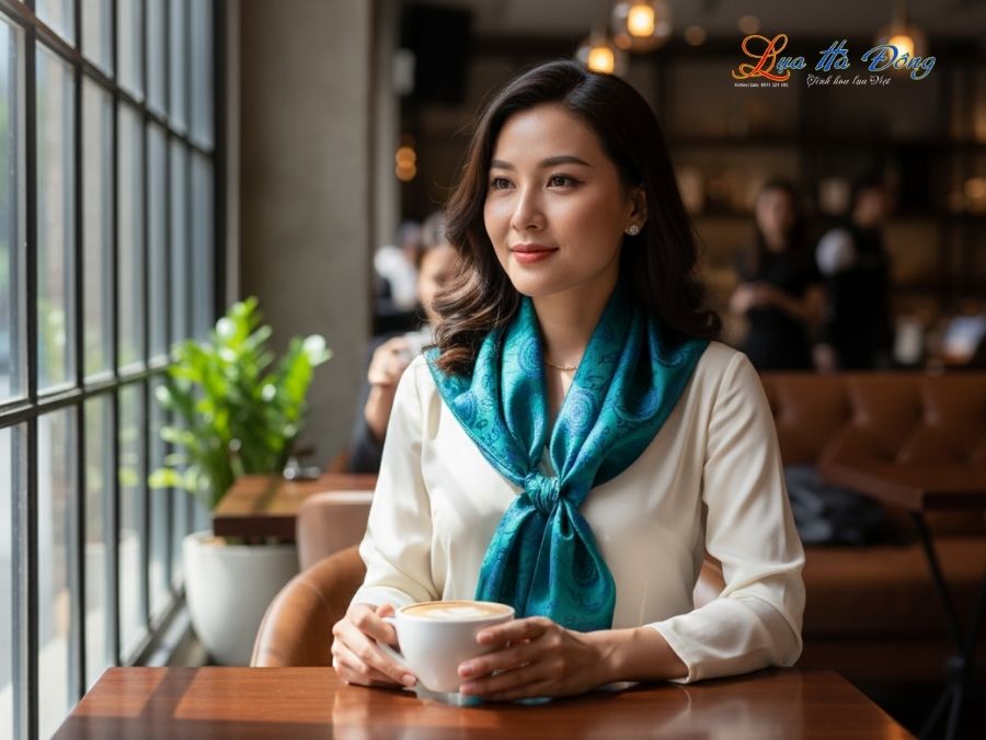 Khăn Lụa Vuông Tơ Tằm Thêu Hoa Sen Họa Tiết Trống Đồng Xanh Dương