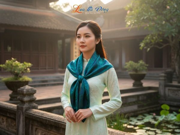 Khăn Lụa Vuông Tơ Tằm Thêu Hoa Sen Họa Tiết Trống Đồng Xanh Dương