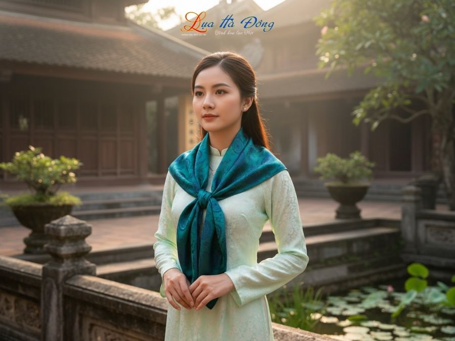 Khăn Lụa Vuông Tơ Tằm Thêu Hoa Sen Họa Tiết Trống Đồng Xanh Dương