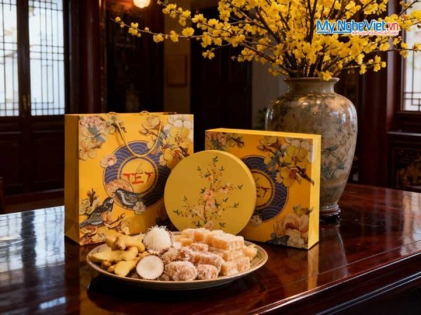 Hộp Mứt Tết Sơn Mài Vinh Hoa Phú Quý 5 Ngăn Màu Vàng