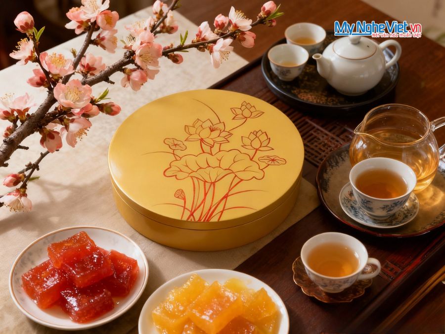 Hộp Mứt Tết Sơn Mài Liên Hoa Khai Xuân 5 Ngăn Màu Vàng