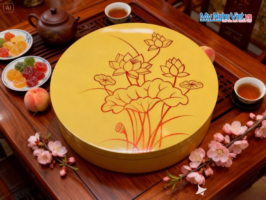 Hộp Mứt Tết Sơn Mài Liên Hoa Khai Xuân 5 Ngăn Màu Vàng