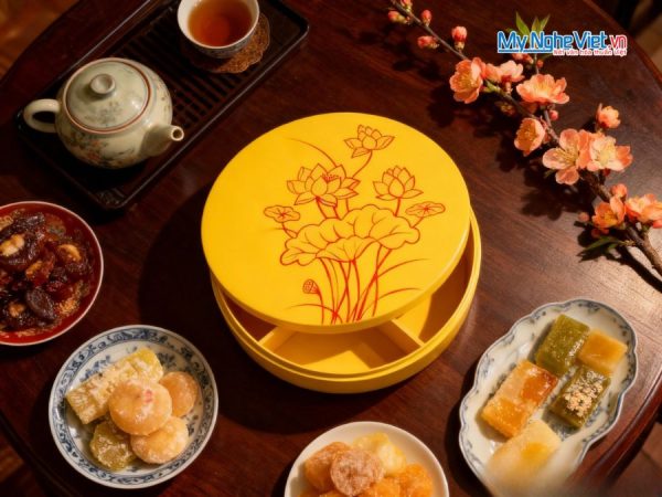 Hộp Mứt Tết Sơn Mài Liên Hoa Khai Xuân 5 Ngăn Màu Vàng
