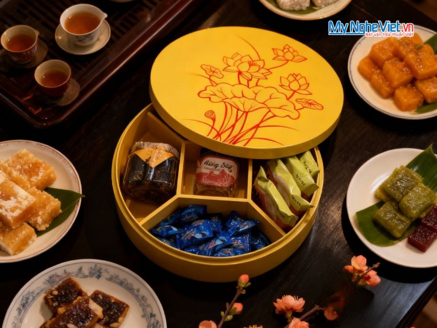 Hộp Mứt Tết Sơn Mài Liên Hoa Khai Xuân 5 Ngăn Màu Vàng