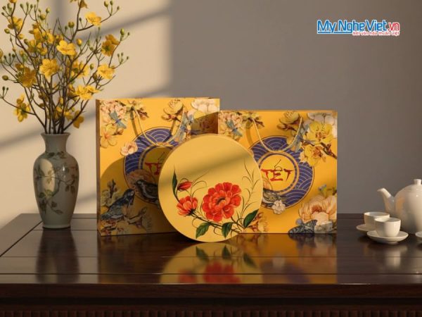 Hộp Mứt Tết Sơn Mài Vinh Hoa Sắc Xuân 5 Ngăn Màu Vàng