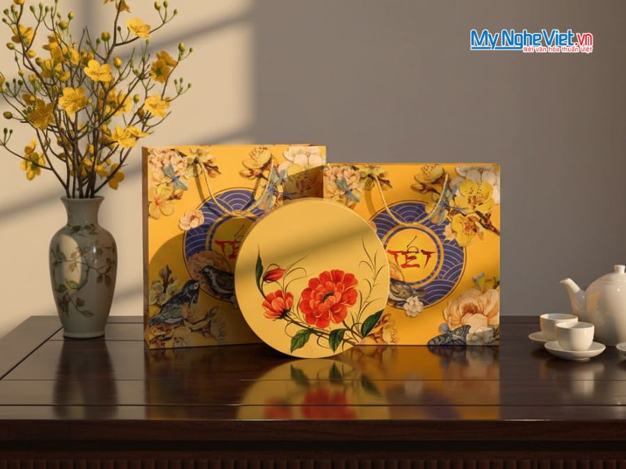 Hộp Mứt Tết Sơn Mài Vinh Hoa Sắc Xuân 5 Ngăn Màu Vàng