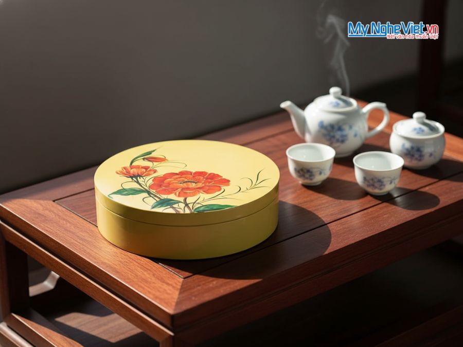 Hộp Mứt Tết Sơn Mài Vinh Hoa Sắc Xuân 5 Ngăn Màu Vàng