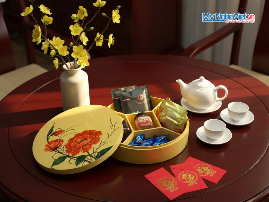 Hộp Mứt Tết Sơn Mài Vinh Hoa Sắc Xuân 5 Ngăn Màu Vàng