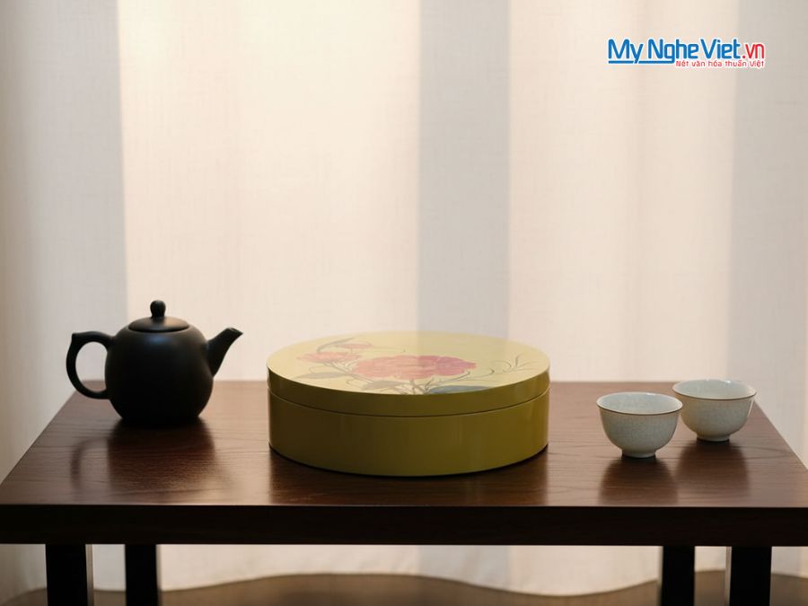 Hộp Mứt Tết Sơn Mài Vinh Hoa Sắc Xuân 5 Ngăn Màu Vàng