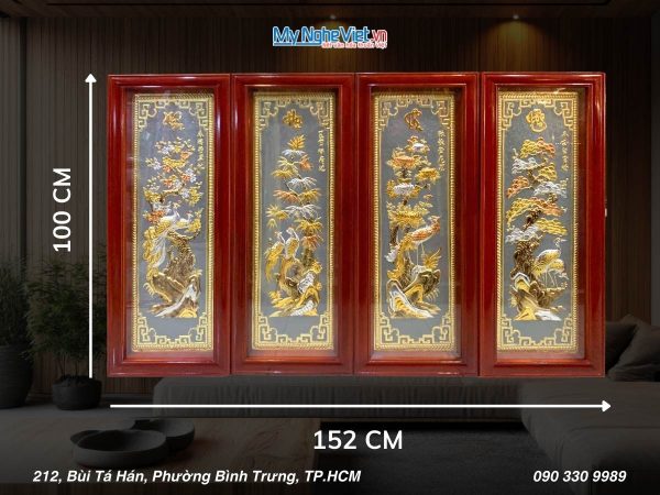 Tranh đồng Đại Bái Dát Vàng Điểm Tứ Quý Tùng Cúc Trúc Mai (HĐ)