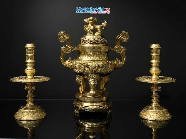Bộ Lư đồng (Đỉnh đồng) -Bộ tam sự bằng đồng vàng bóng đỉnh cao 55cm