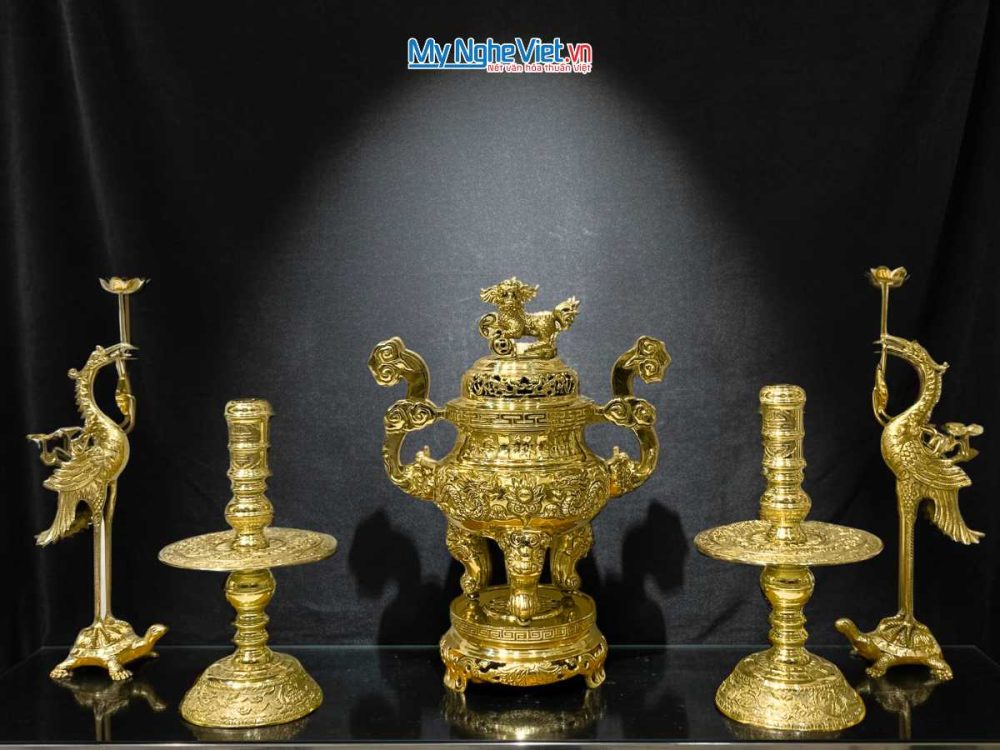 Bộ Lư đồng (Đỉnh đồng) -Bộ ngũ sự bằng đồng vàng bóng đỉnh cao 55cm (Sao chép)