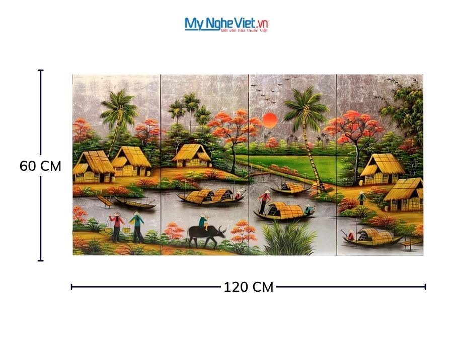Bộ Tranh Sơn Mài Đồng Quê Dát Bạc Cẩn Ốc Cao Cấp