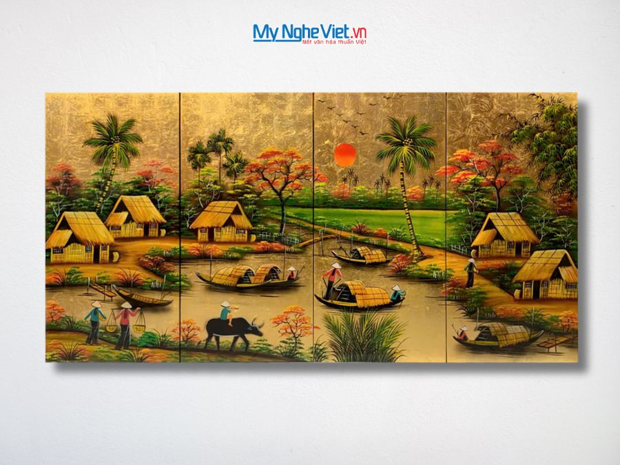 Bộ Tranh Sơn Mài Đồng Quê Dát Vàng Cẩn Ốc Cao Cấp