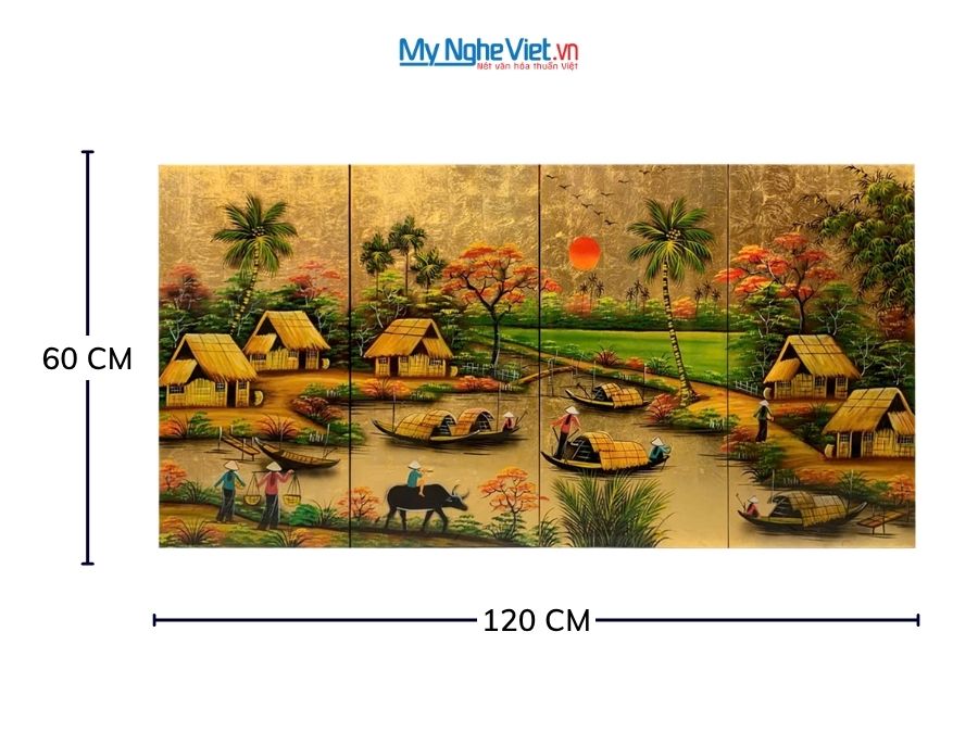 Bộ Tranh Sơn Mài Đồng Quê Dát Vàng Cẩn Ốc Cao Cấp