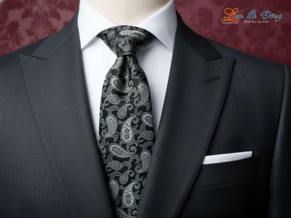 Cà vạt lụa tơ tằm họa tiết đuôi công đen