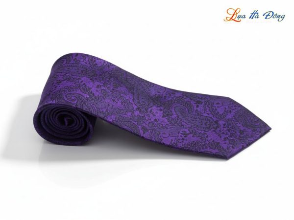 Cà vạt lụa tơ tằm họa tiết đuôi công tím đen