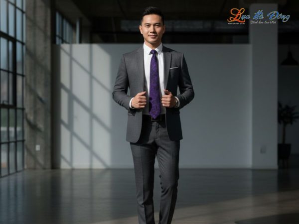 Cà vạt lụa tơ tằm họa tiết đuôi công tím đen