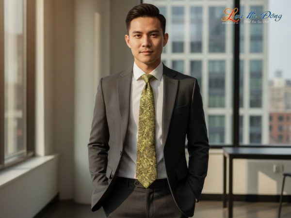 Cà vạt lụa tơ tằm họa tiết đuôi công vàng