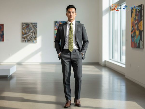 Cà vạt lụa tơ tằm họa tiết đuôi công vàng