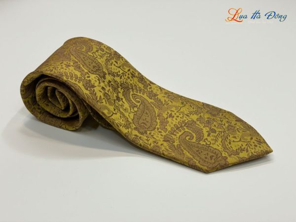 Cà vạt lụa tơ tằm họa tiết đuôi công vàng