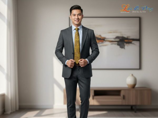 Cà vạt lụa tơ tằm họa tiết đuôi công vàng