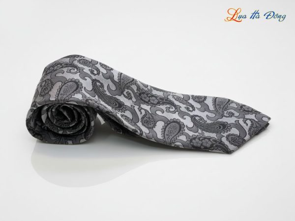 Cà vạt lụa tơ tằm họa tiết đuôi công xám