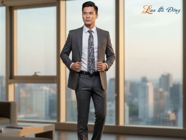 Cà vạt lụa tơ tằm họa tiết đuôi công xám