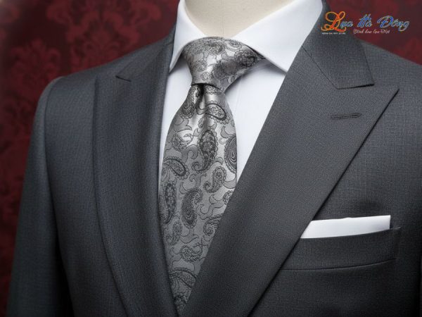 Cà vạt lụa tơ tằm họa tiết đuôi công xám