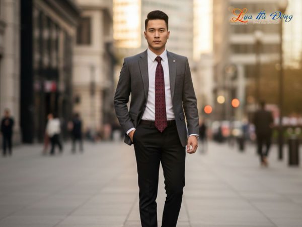 Cà vạt lụa tơ tằm họa tiết hoa bốn cánh đỏ