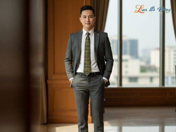 Cà vạt lụa tơ tằm họa tiết hoa bốn cánh vàng