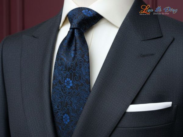 Cà vạt lụa tơ tằm họa tiết hoa mai xanh dương