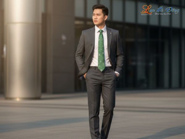 Cà vạt lụa tơ tằm họa tiết hoa mai xanh lá