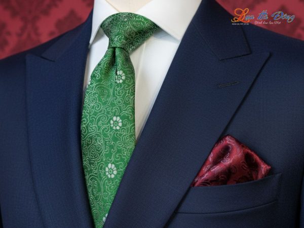 Cà vạt lụa tơ tằm họa tiết hoa mai xanh lá