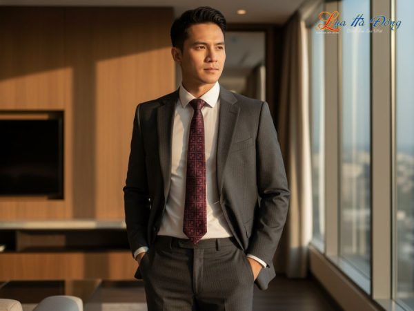 Cà vạt lụa tơ tằm họa tiết ô vuông đỏ